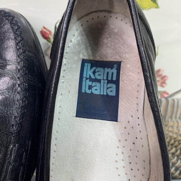 Vintage Ikam Italia Black Leather Mens Loafers Size 10 Timeless Design Detailing - Picture 5 of 8